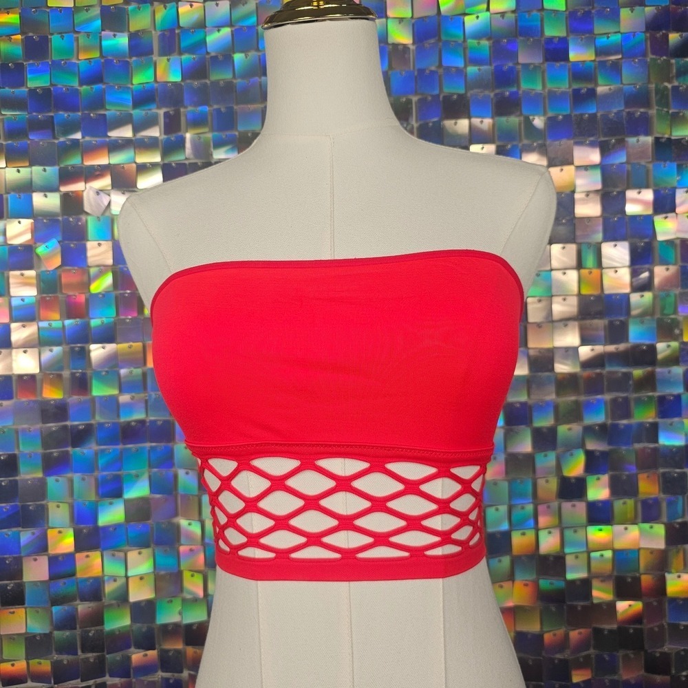 PINK Victoria's Secret Bandeau Top Womens S/P Red Fishnet Cutout Rave 00s‎ Club